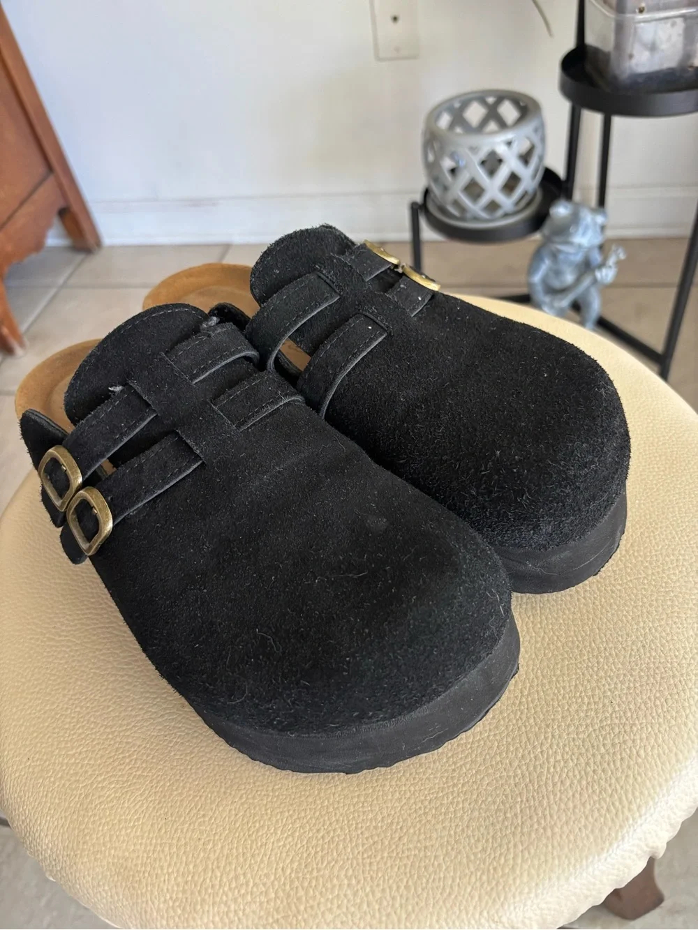 Women Black Suede Slip-On Clog with Dual Gold Buckles